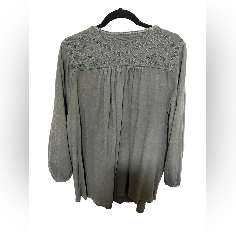 Lucky Brand 3X Embroidered Henley Women Olive Green Cotton Shirt Boho Artsy - Picture 2 of 8